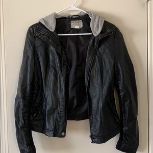 Black leather jacket with grey hoodie size M